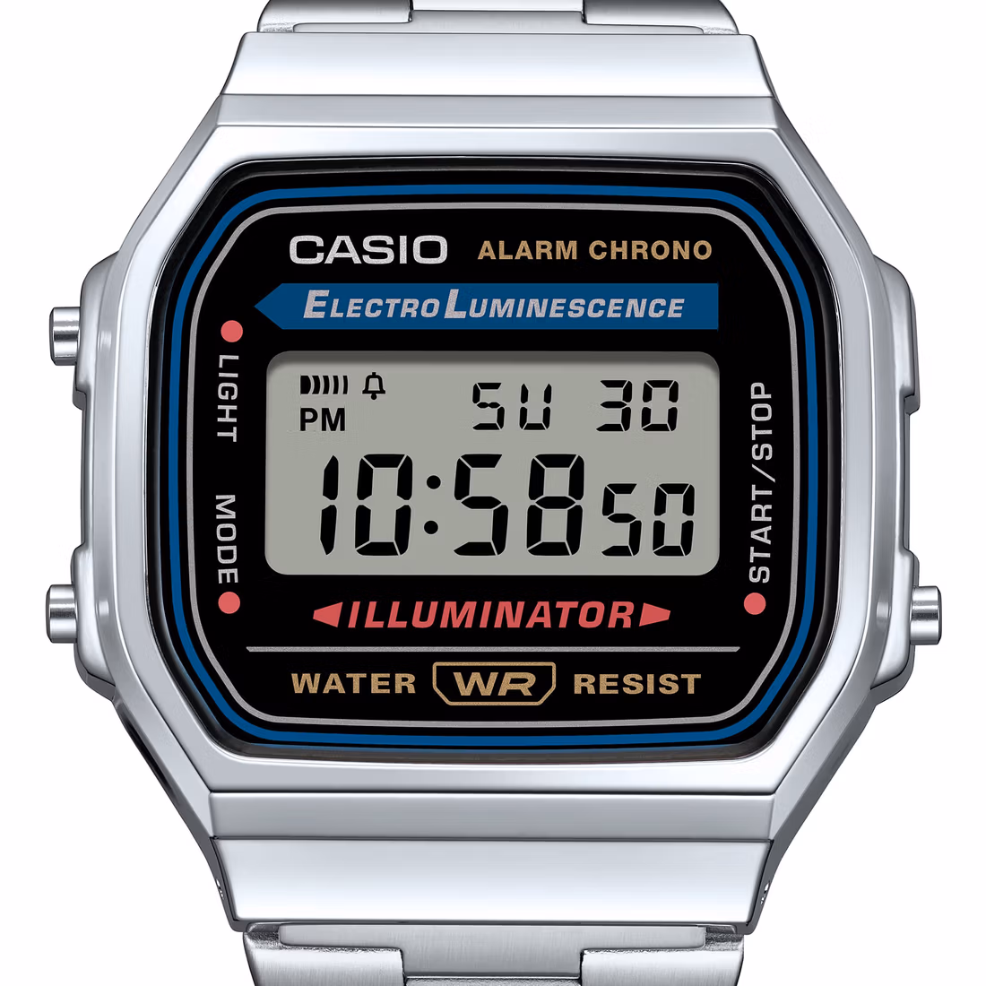 Циферблат Casio A168WA-1 крупным планом — надписи Electro Luminescence и Illuminator