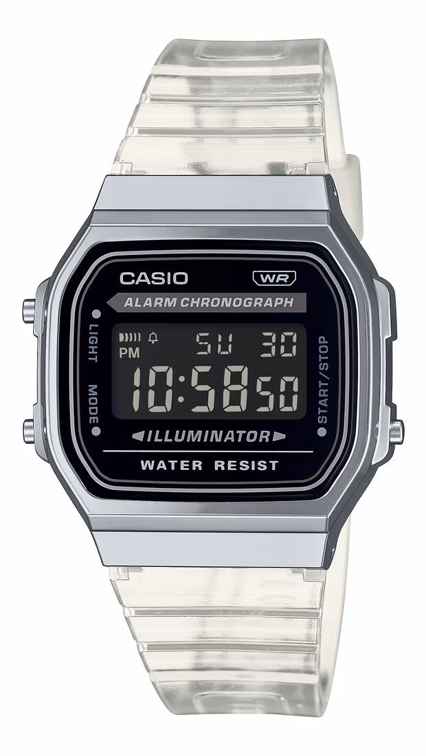 Casio A168XES-1B — полупрозрачный ремешок