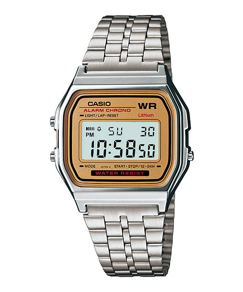 Серебристая Casio A159WA-9 с золотистой рамкой дисплея
