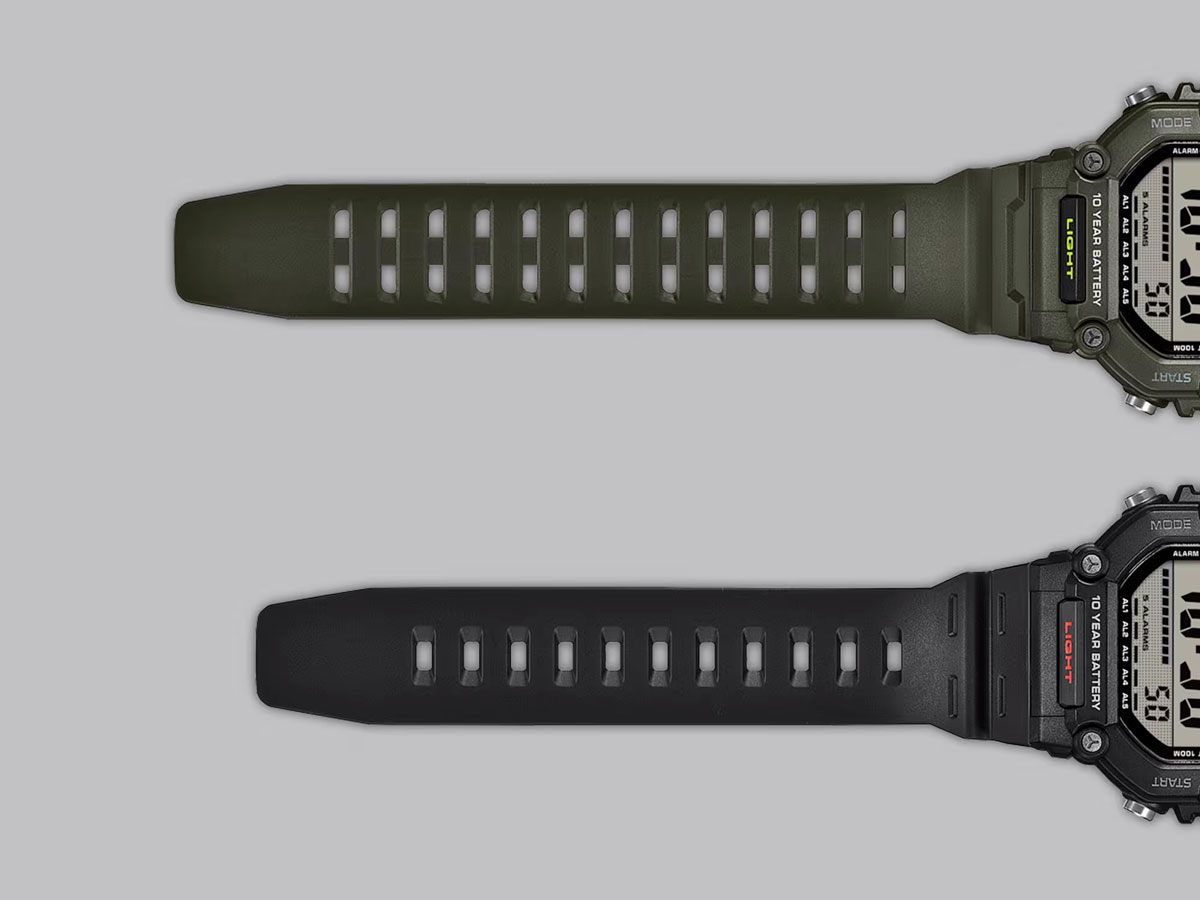 AE-1600HX в цвете хаки и чёрном исполнении с длинными перфорированными ремешками