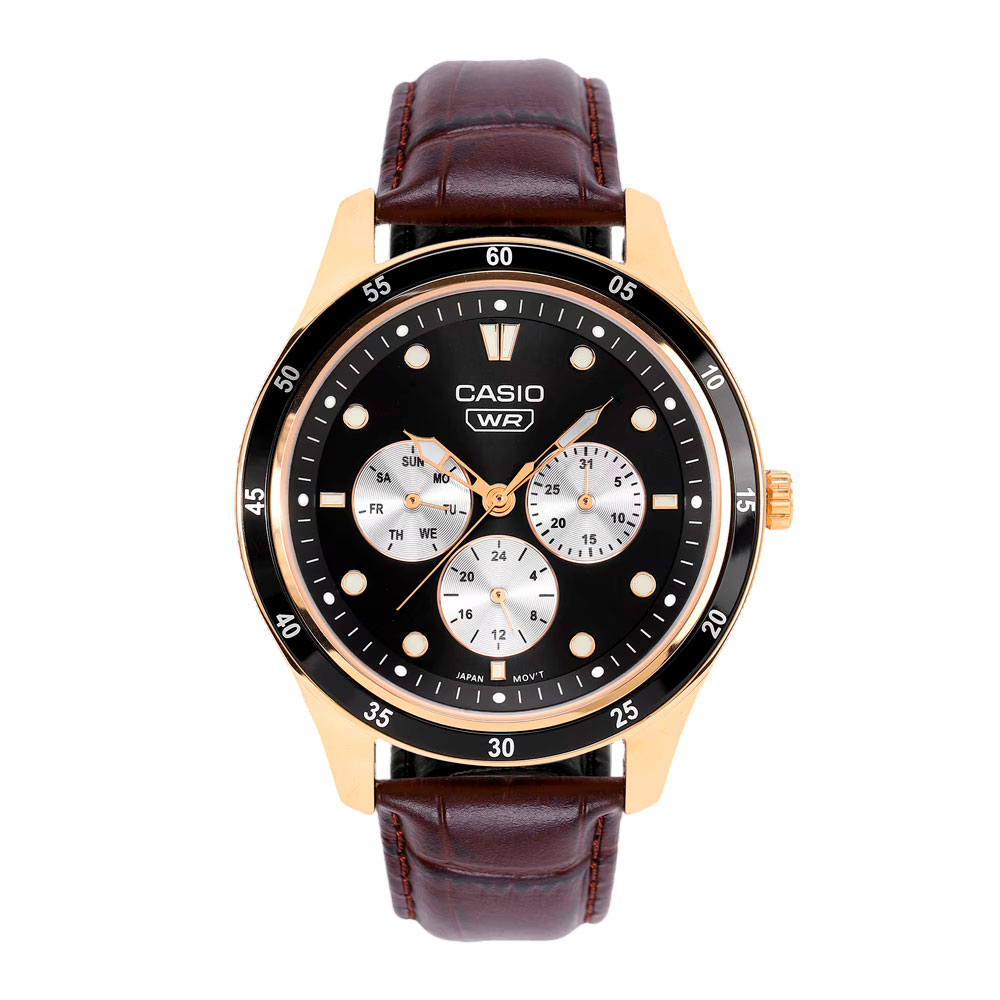 Casio MTP-SN4KRL-1A с золотистым корпусом и коричневым кожаным ремешком