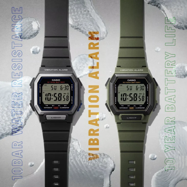 Casio W-738H: Like a W-736H in a square case (100M WR, 10-year battery, Vibration)