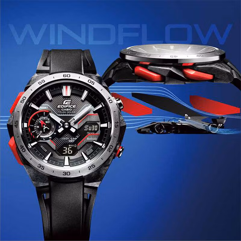 Casio Edifice ECB-2200P-1A: карбоновый корпус, стальной безель и чёрный полимерный ремешок