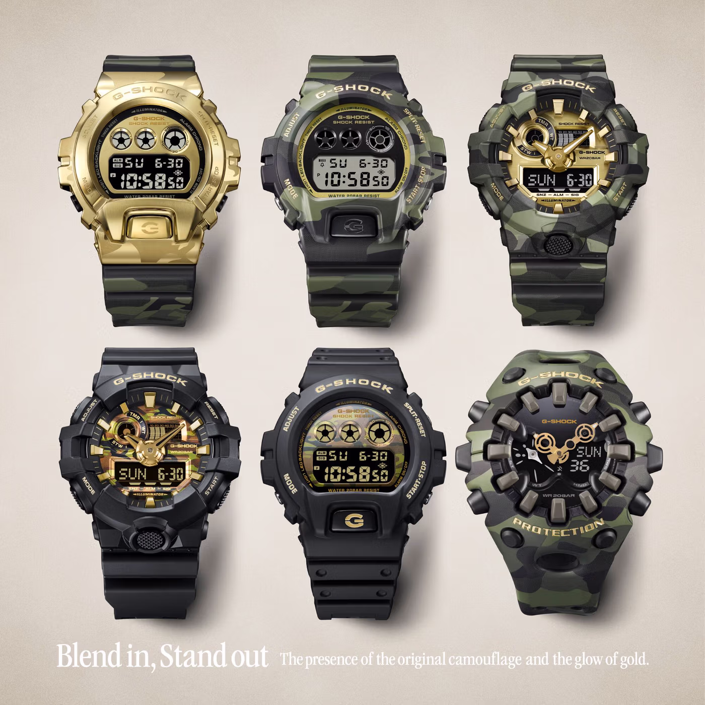 Шесть моделей G-Shock BOLD CAMO линии CAMO AND GOLD