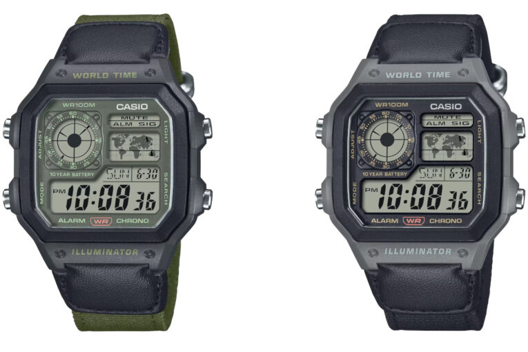 Casio AE-1200WHUB-3AV и AE-1200WHUB-8AV с зелёным и чёрным текстильными ремешками