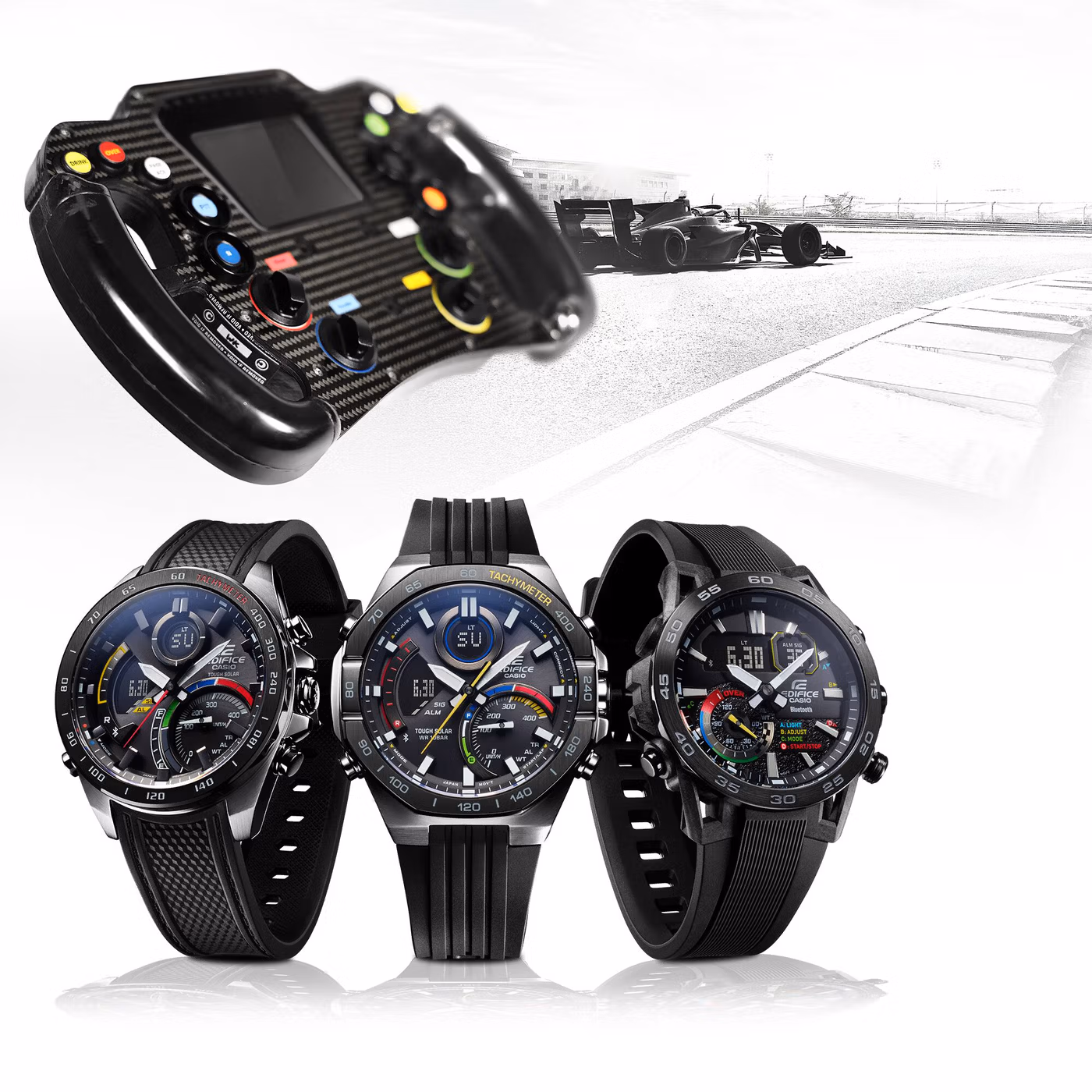 Casio ECB-950MP-1A: три модели Racing multicolor series на фоне гоночного руля и болида
