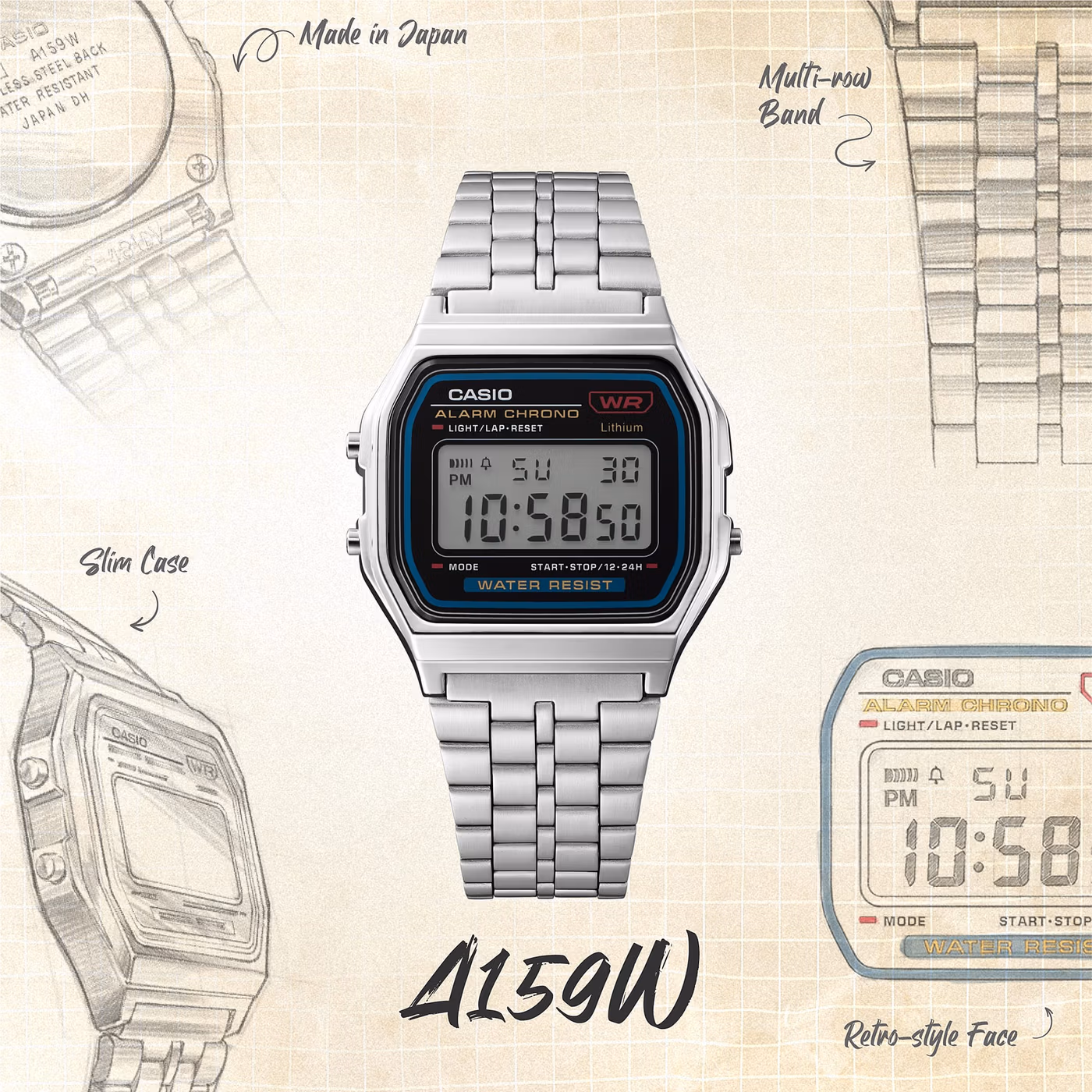 Эскиз Casio A159W с пометками дизайнеров
