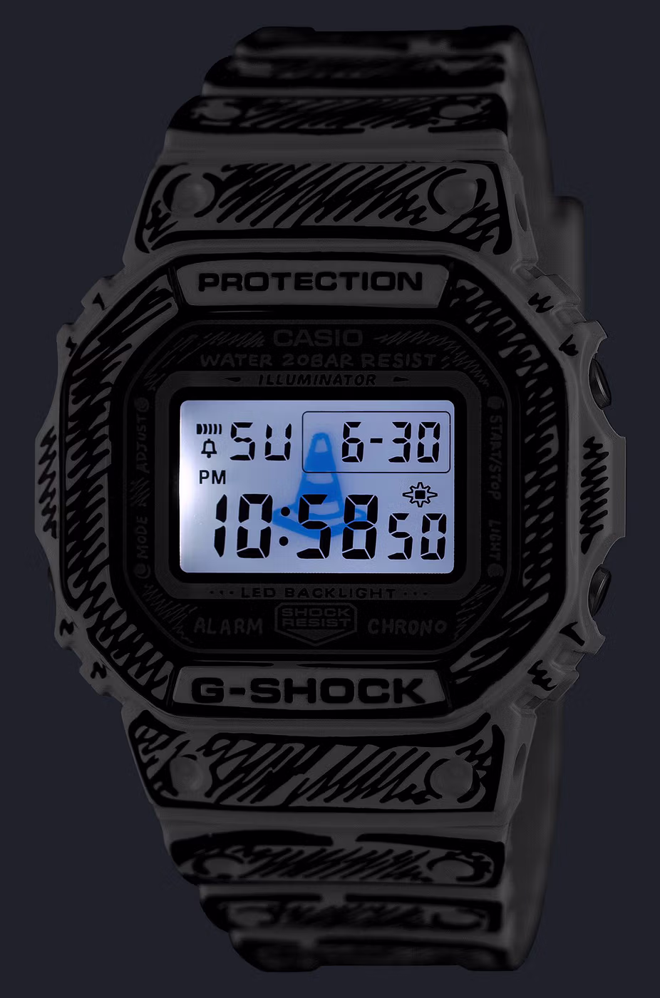DW-5600JV-7 с включённой подсветкой: на дисплее конус