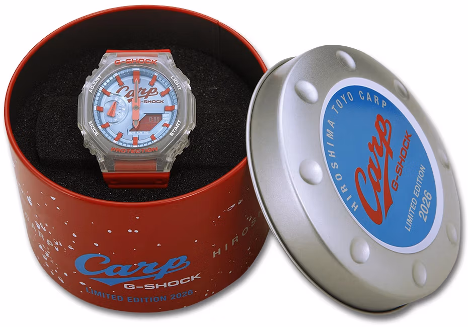 G-Shock Hiroshima Toyo Carp 2026 в круглой жестяной банке